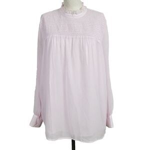 Ann Taylor Top L Pink Chiffon Lightweight Lined‎ Smocked Long Sleeve Blouse